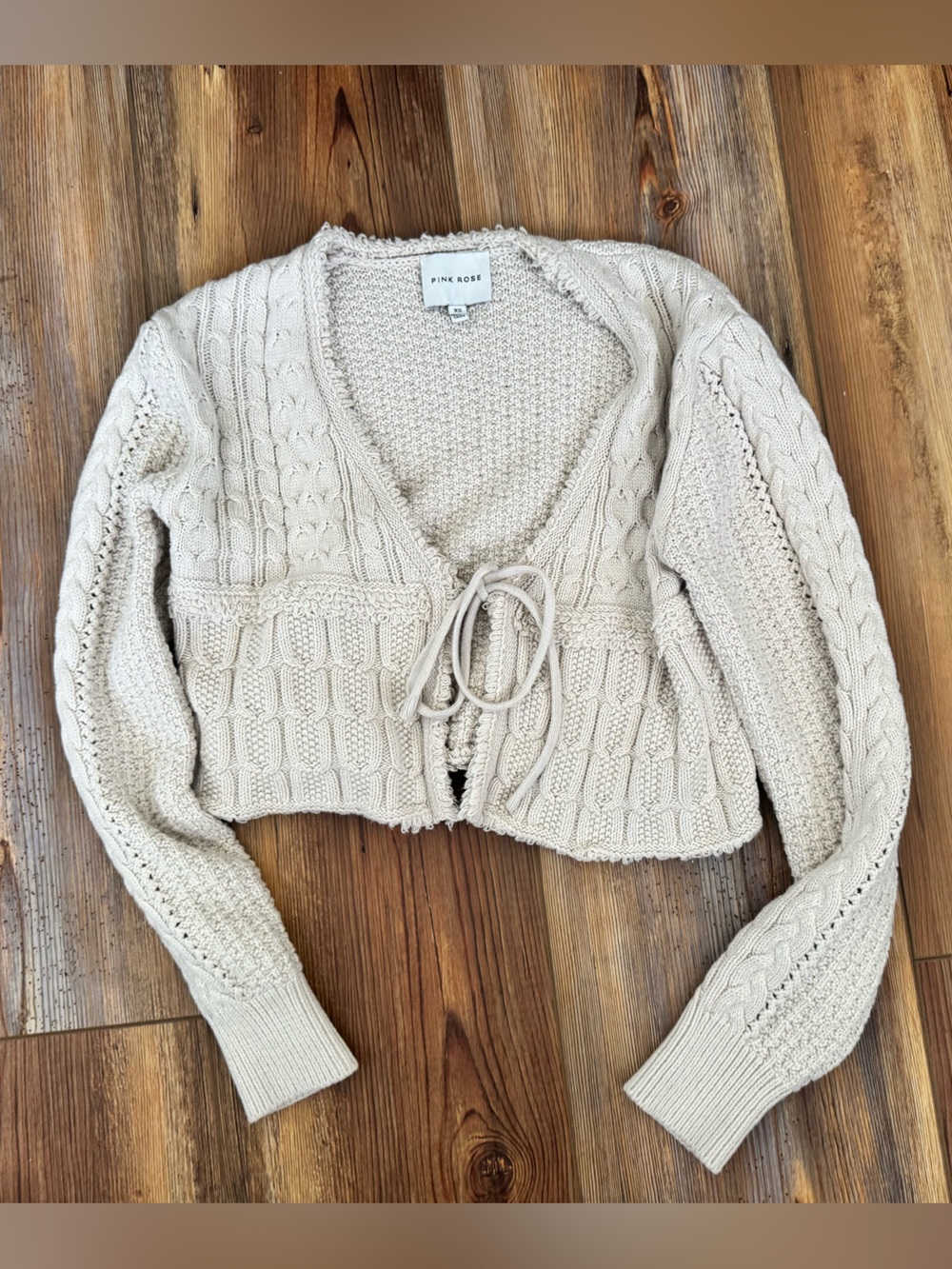 Cropped Cream Cable-Knit Tie-Front Sweater